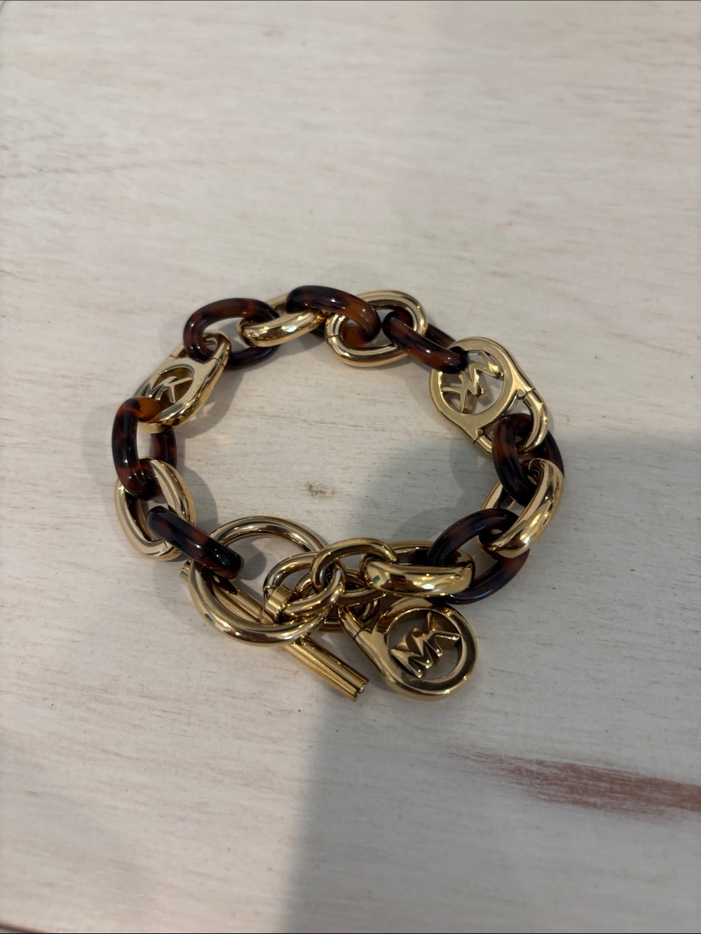 Michael Kors Gold-Tone and Tortoiseshell Link Bracelet with MK Charms